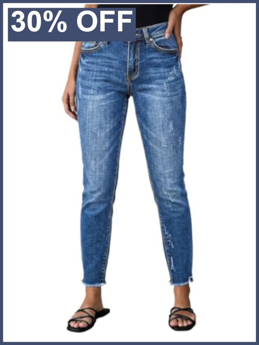 Women's Cropped Capri Jeans Skinny Mid-Rise Distressed Raw Hem Stretchy